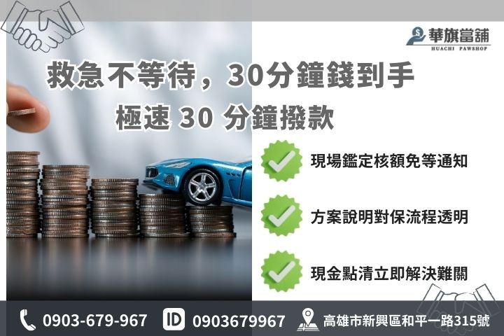 高雄當舖汽車借款 30 分鐘極速流程時程表，從預約鑑定到撥款圖解