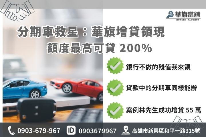 高雄分期車借款額度試算圖，包含貸款車二次增貸最高 200% 說明