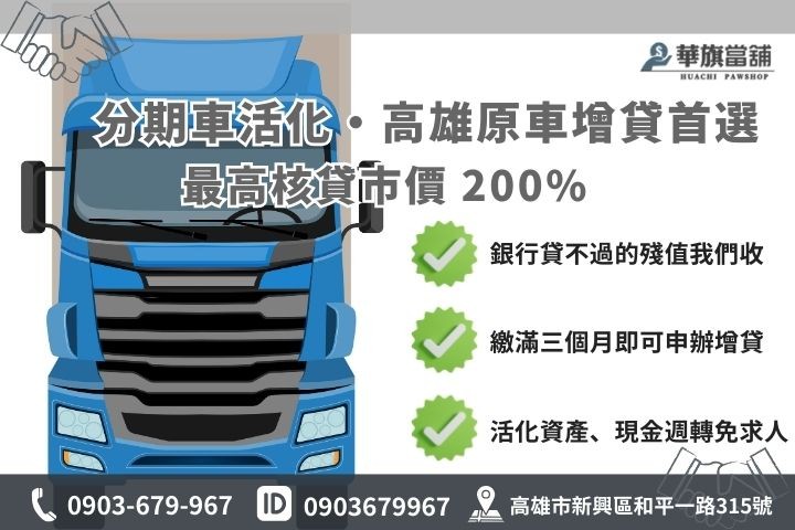 高雄原車增貸額度試算，華旗當舖提供分期車增貸最高 200% 額度。