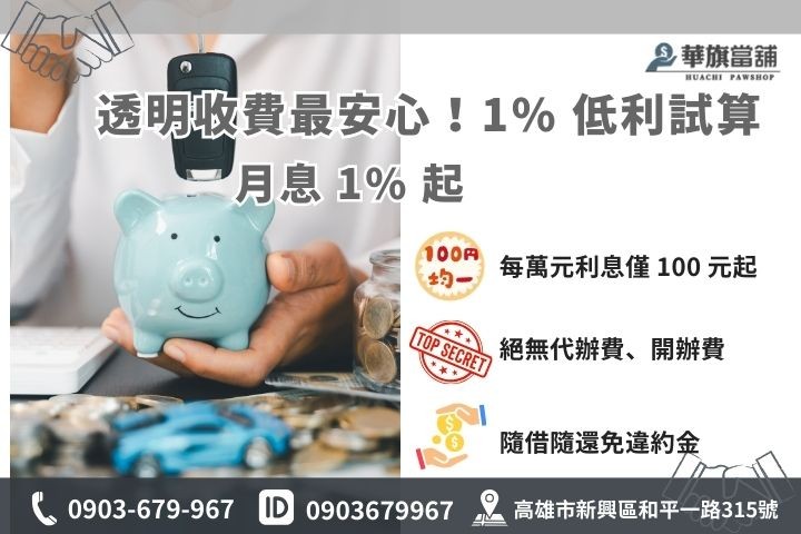 高雄合法汽車增貸利率試算：華旗當舖 1% 起低利優惠細節