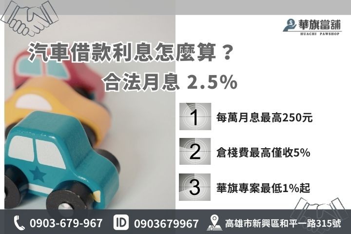 當舖汽車借款利息怎麼算？高雄華旗專業試算每萬元250元上限與一次性倉棧費