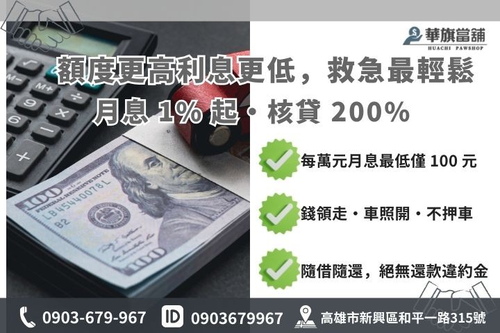 汽車借款利息 1% 起與額度 200% 試算公式圖，強調不扣押證件與免留車優勢