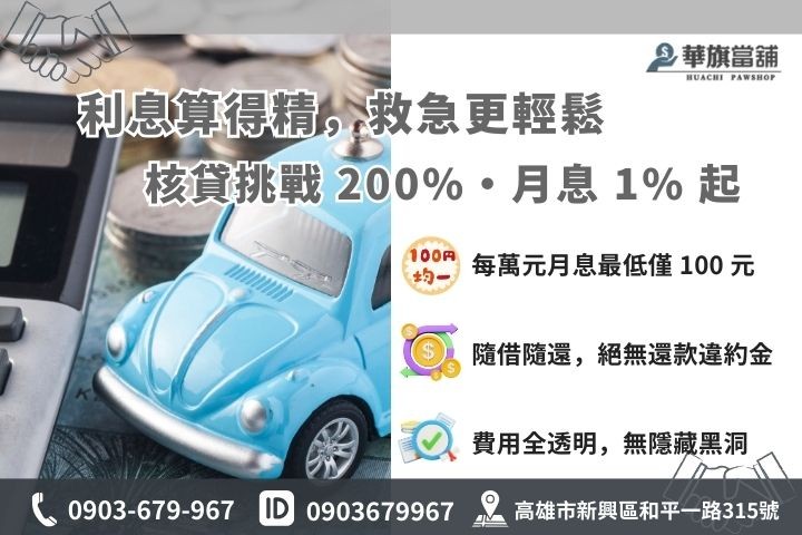汽車借款利息 1% 起優惠方案與 200% 高額度試算公式圖，強調隨借隨還優點