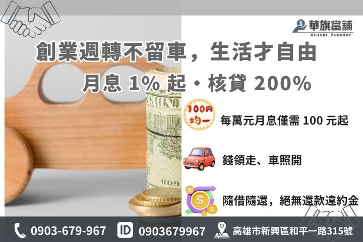 高雄汽車免留車借款優勢圖解，包含當舖 1% 低利與核貸成數 200% 說明