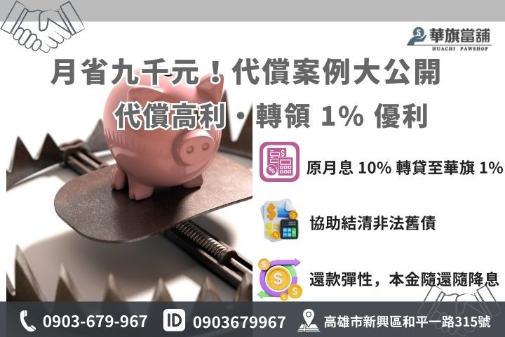 汽車借款代償降息案例試算，包含原 10% 高利轉 1% 節省金額說明圖