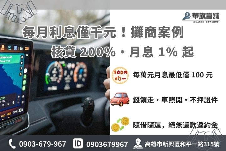 鳳山汽車分期車增貸利息 1% 起優惠方案與額度 200% 試算說明圖