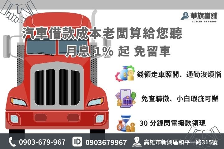 高雄汽車借款利息與免留車方案說明，華旗當舖 1% 低利優待。