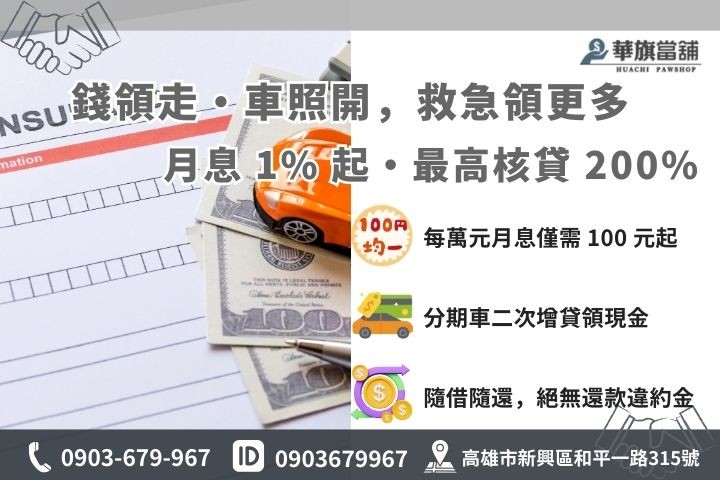 汽機車免留車利息試算與增貸額度案例圖，強調前鎮在地救急領現優點