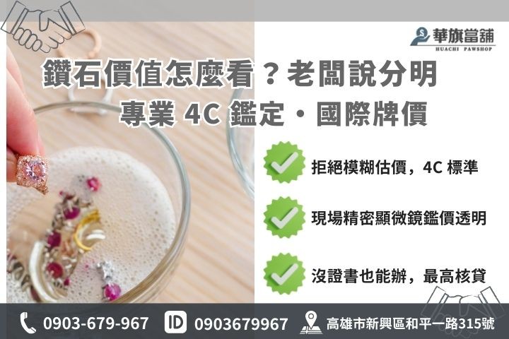 高雄鑽石回收鑑定標準圖，包含 4C 克拉成色淨度車工與國際報價說明