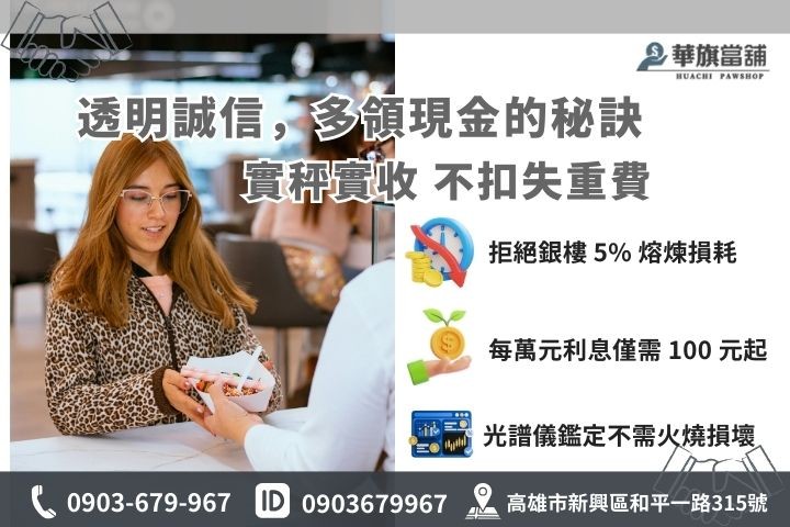 高雄黃金典當計價公式：華旗當舖不扣除損耗失重、1% 低利優惠專案與透明計息試算圖
