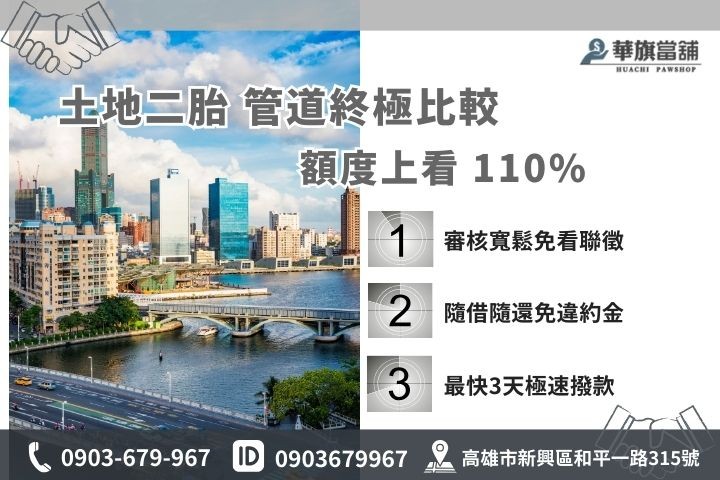 高雄土地二胎銀行與民間當舖條件比較，華旗提供最高110%成數與免聯徵服務