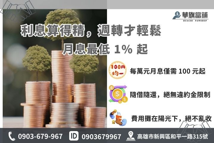 高雄當舖借款利息 1% 起優惠方案與計費公式說明圖
