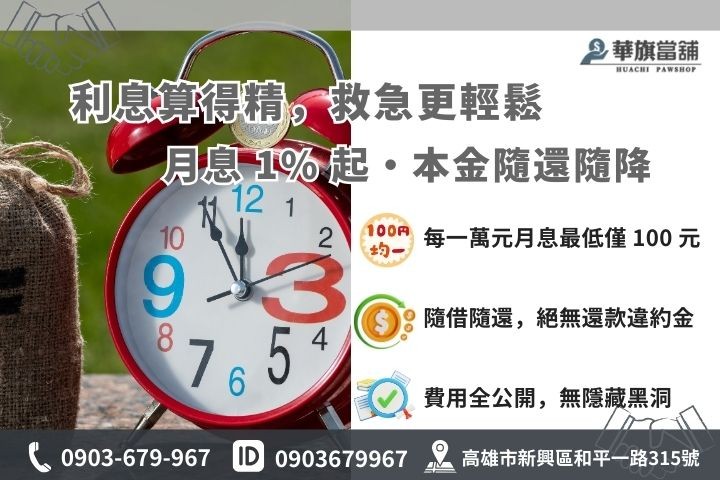 高雄當舖借款利息計算法與 1% 起低利優惠專案試算說明圖