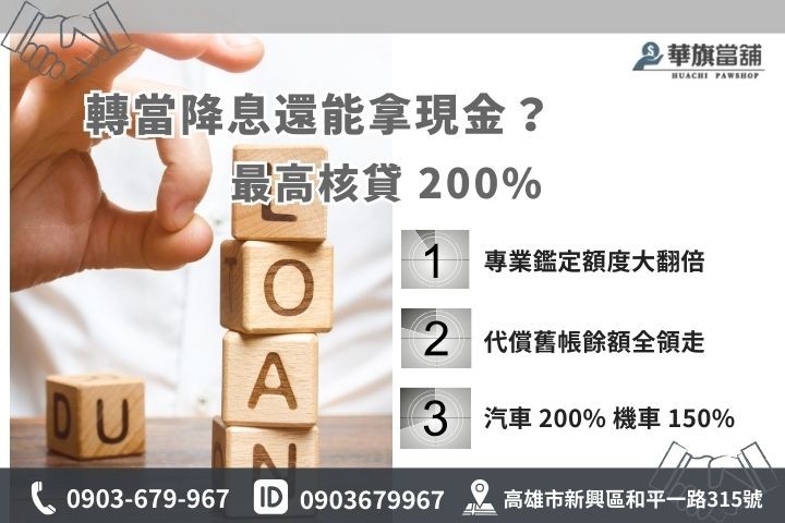 高雄當舖轉當增貸額度，汽車機車借款最高核貸200%