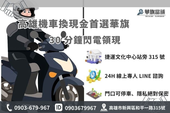 高雄華旗當舖機車借款 24H 諮詢專線與店面位置資訊。