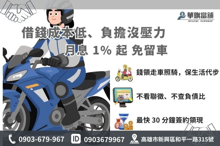 高雄機車借款免留車流程，月息 1% 起之優惠試算。